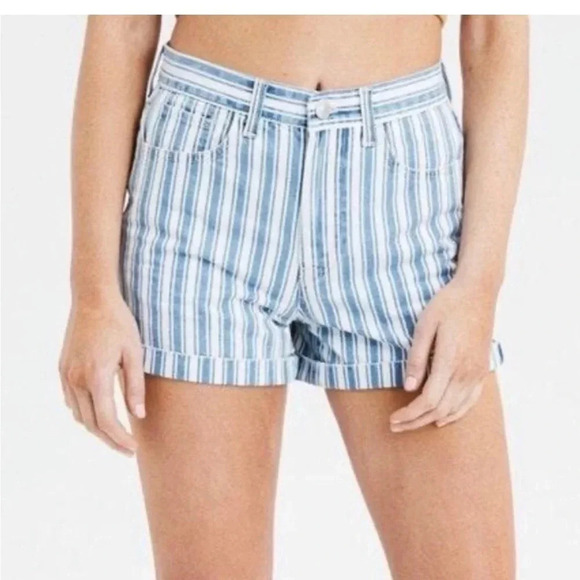 AEO High Rise Blue Striped Mom Shorts Sz 8 - Picture 8 of 8
